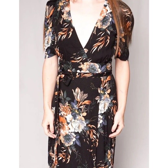 AFRM NORDSTROM Black Floral Midi Wrap Dress Womens Size Small Tie Waist NWT - Picture 16 of 16